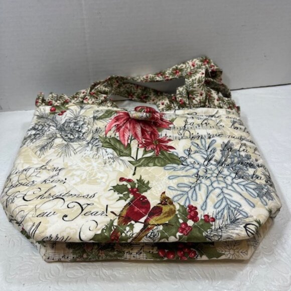 Handmade Christmas Fabric Button Closure Cotton Tote Handbag w/Eyeglass Case NEW - Picture 3 of 10